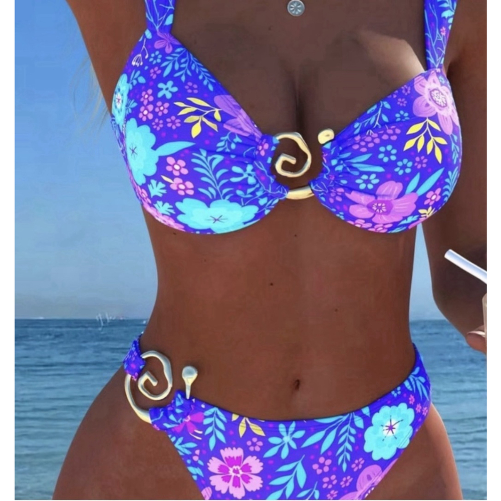 Floral Bikini Set Blue Pink Yellow Purple Padded Metal Ring Accents 2 Piece